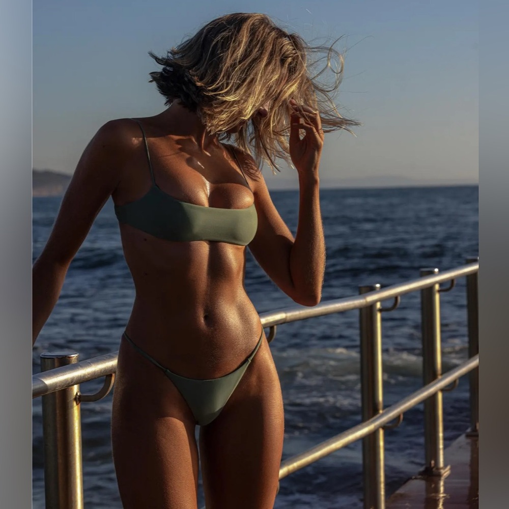 Ark Swimwear Olive Green Bikini Set: Minimal Crop Top + Brazilians XS
